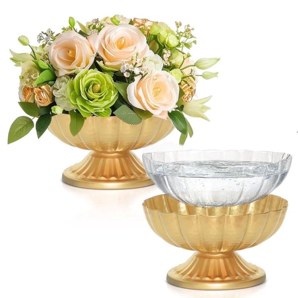 Set of 2 Gold Metal Centerpiece Flower Vases NEW